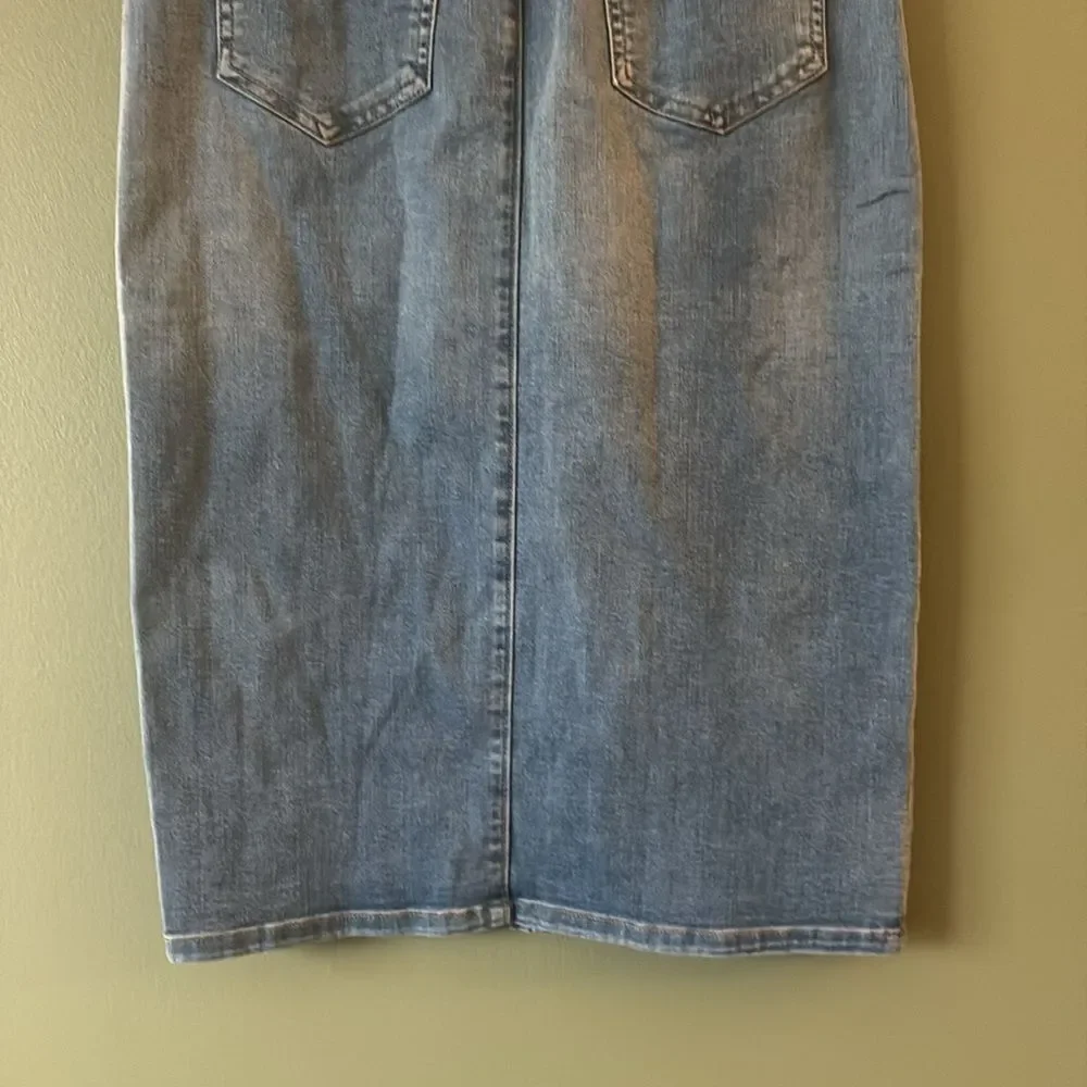 We the Free Maddie Denim Jean Straight Midi Skirt Blue Front Slit Boho Sz 10